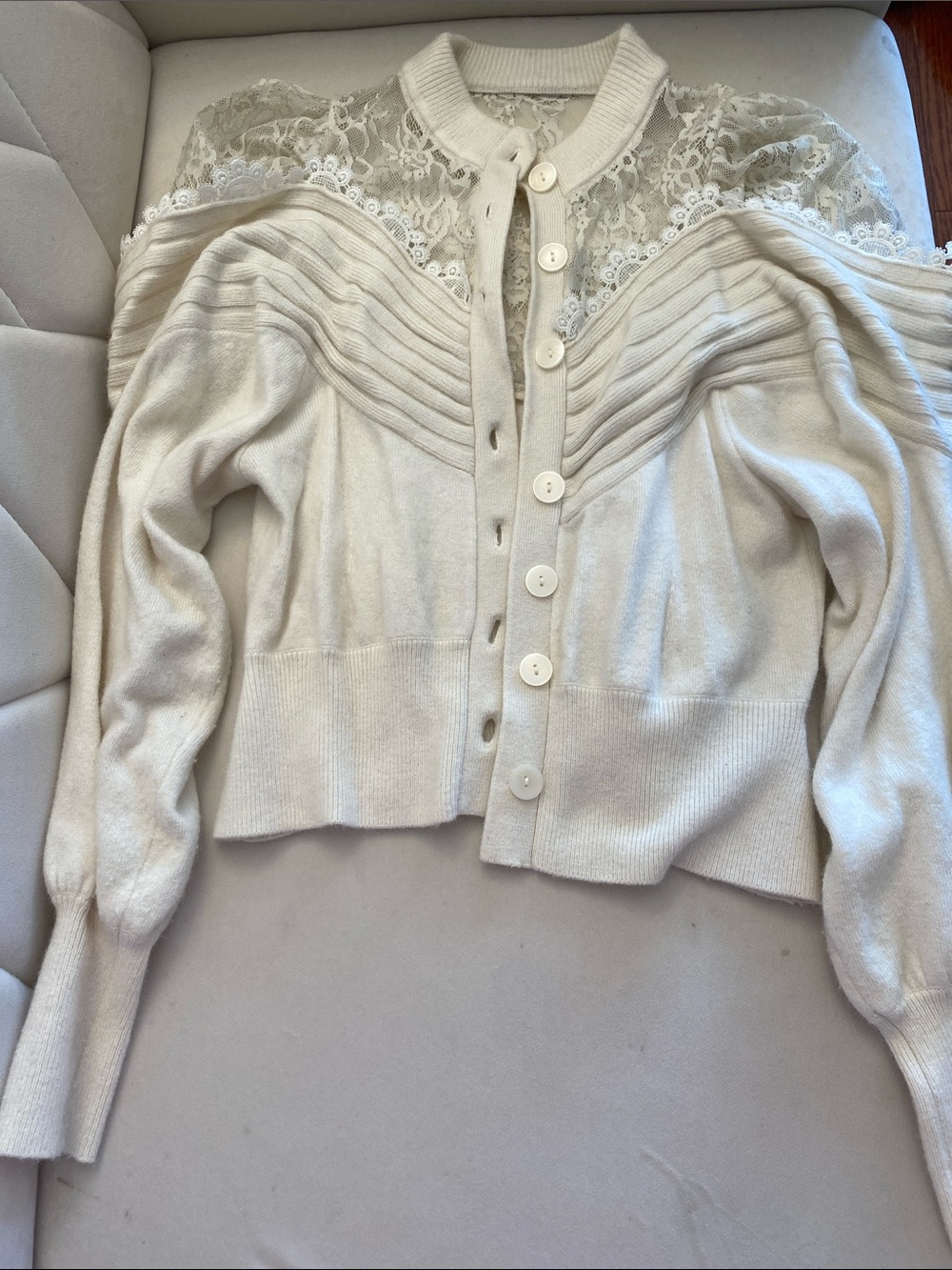 Women's Cream Lace Yoke Button-Up Sweater Cardigan